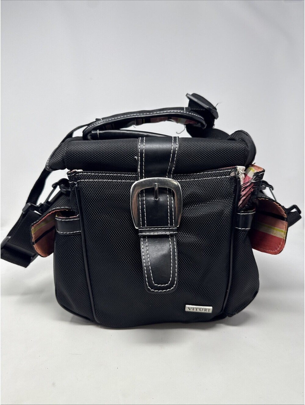 VITURI Black Camera Bag Case with Pink Striped Interior & Divider